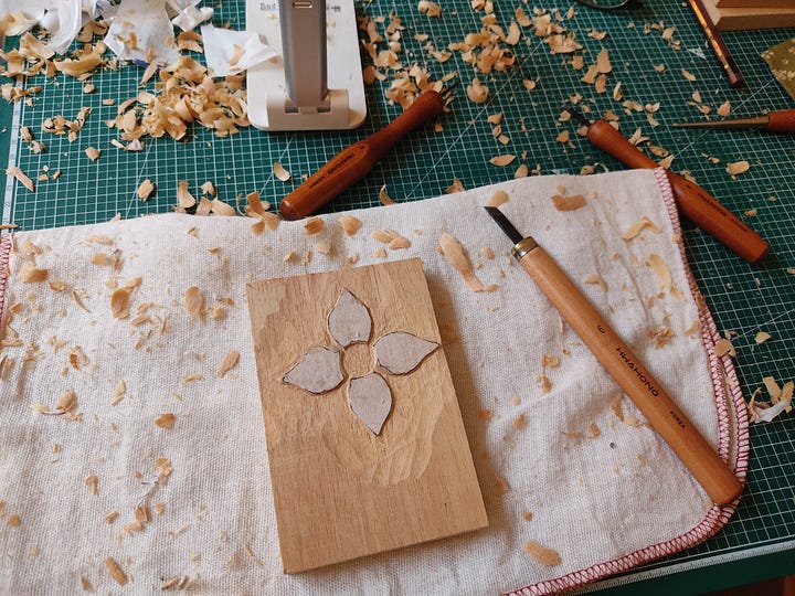 A few frames from the process of making wood block prints