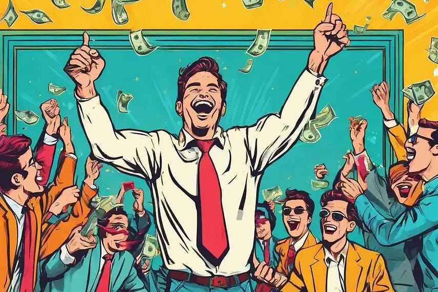 Colorful cartoon image of entrepreneur celebrating with team raising VC capital with dollar bills flying in the air