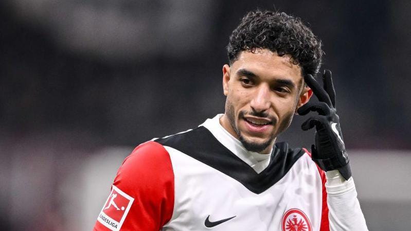 Omar Marmoush points to his head while playing for Eintracht Frankfurt Omar Marmoush points to his head while playing for Eintracht Frankfurt