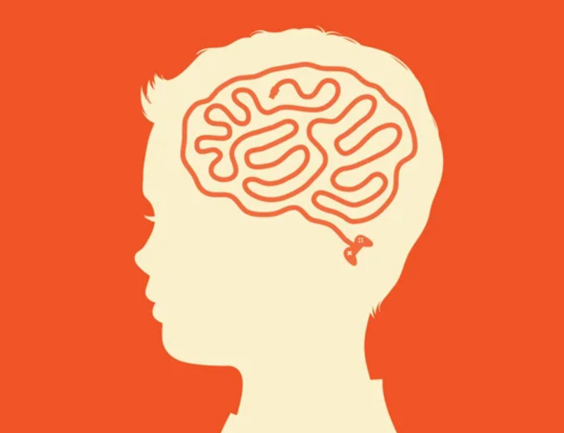 A child's silhouette with a video game controller cord forming the wrinkles of their brain.