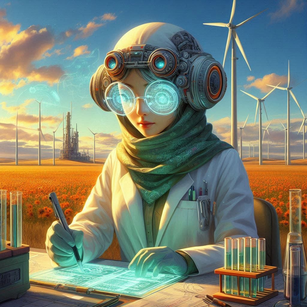 female chinese professor in north dakota plains doing terraforming research, solarpunk digital art