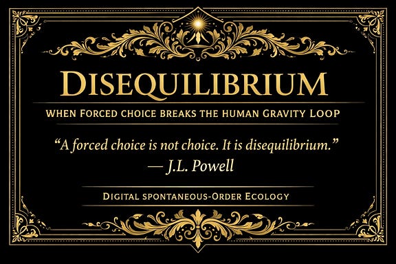 Gold-on-black header plate for the article 'Disequilibrium: When Forced Choice Breaks the Human Gravity Loop' with ornate filigree, DSOE canon styling, and the Powell Axiom quote Gold-on-black header plate for the article 'Disequilibrium: When Forced Choice Breaks the Human Gravity Loop' with ornate filigree, DSOE canon styling, and the Powell Axiom quote