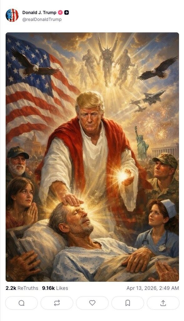 A screenshot of a social media post by President Trump that contains an apparently A.I.-generated image of Trump, wearing white and red robes, touching the forehead of a man lying down in a hospital gown as several figures gaze up at Trump, including a nurse and a soldier. 