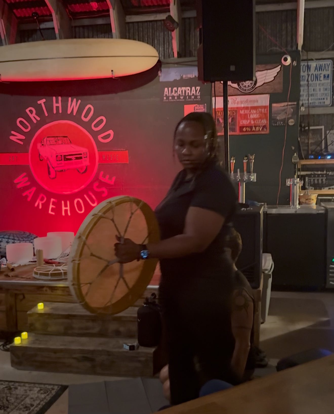 Dr. Asia with her drum at Northwood Art & Music Warehouse