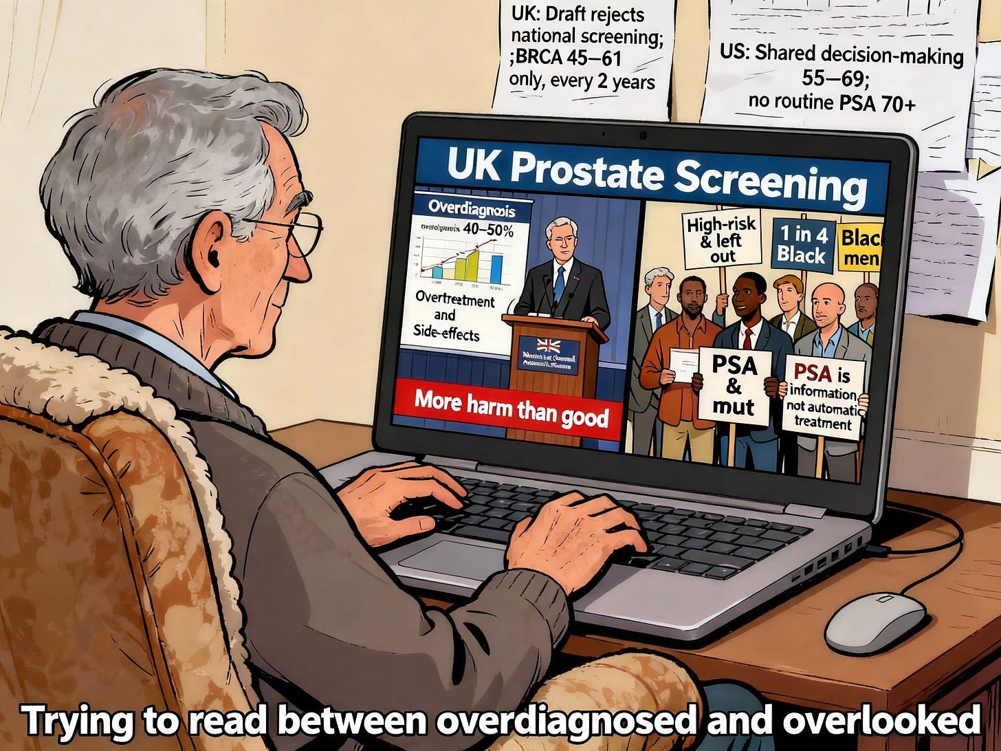 Editorial cartoon with corrected protest signs about UK prostate screening
