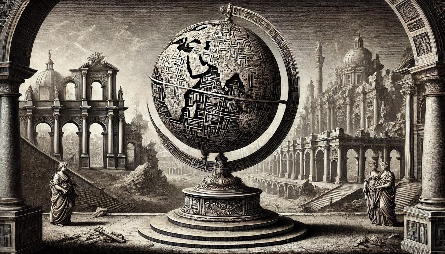 A landscape engraving in the style of Giovanni Battista Piranesi, featuring a highly ornate baroque globe on a swivel stand placed in a central square. The globe has intricate and visibly detailed continents formed by dense and elaborate microcircuit patterns, enhancing their futuristic appearance. The setting includes a richly detailed depiction of a ruined cityscape surrounding the square, with classical ruins, crumbling columns, and arches. The scene emphasizes the contrast between the ornate baroque aesthetic of the globe and the advanced microcircuitry, all etched with deep textures and dramatic contrasts. The overall atmosphere is evocative and intricately detailed.