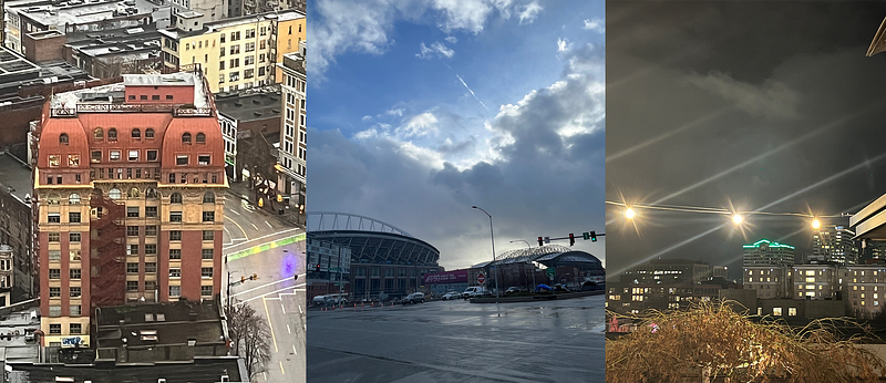 An image I took at Vancouver Lookout; An image I took of TMobile Park and Lumen Field; An image I took from the roof of Society Hotel