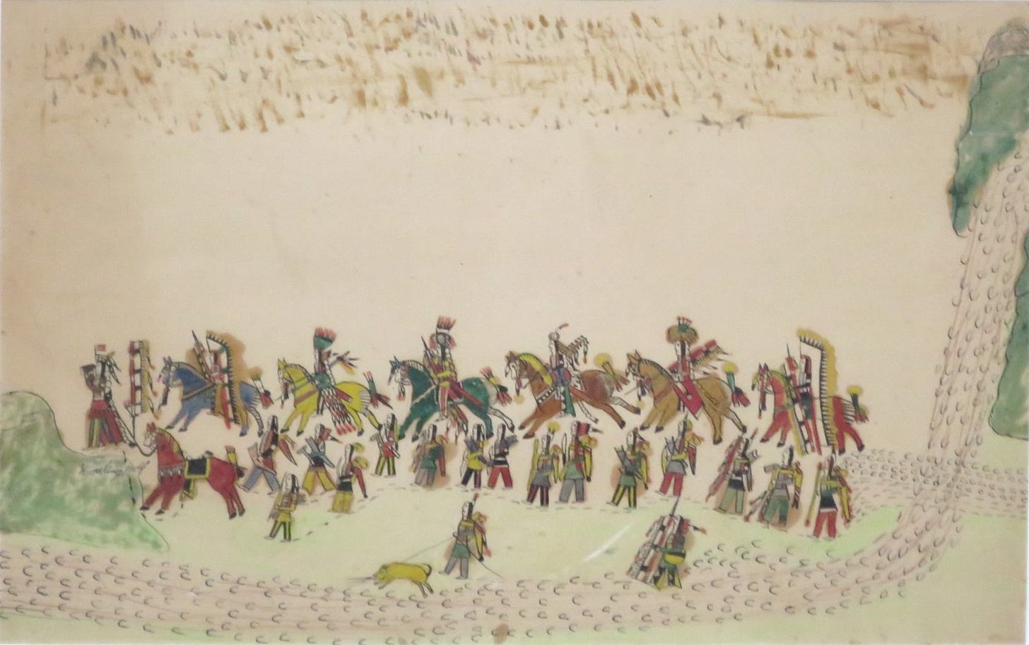 A procession of Southern Cheyenne riders in ceremonial dress, carrying shields and lances, drawn in ink, crayon and watercolor on paper. A procession of Southern Cheyenne riders in ceremonial dress, carrying shields and lances, drawn in ink, crayon and watercolor on paper.