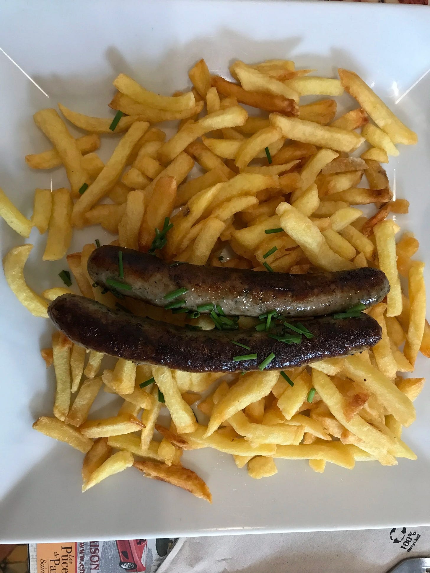  My lovely homemade sausage with fries light lunch from Le Voltaire next to the Paris Flea Market of Saint Ouen 