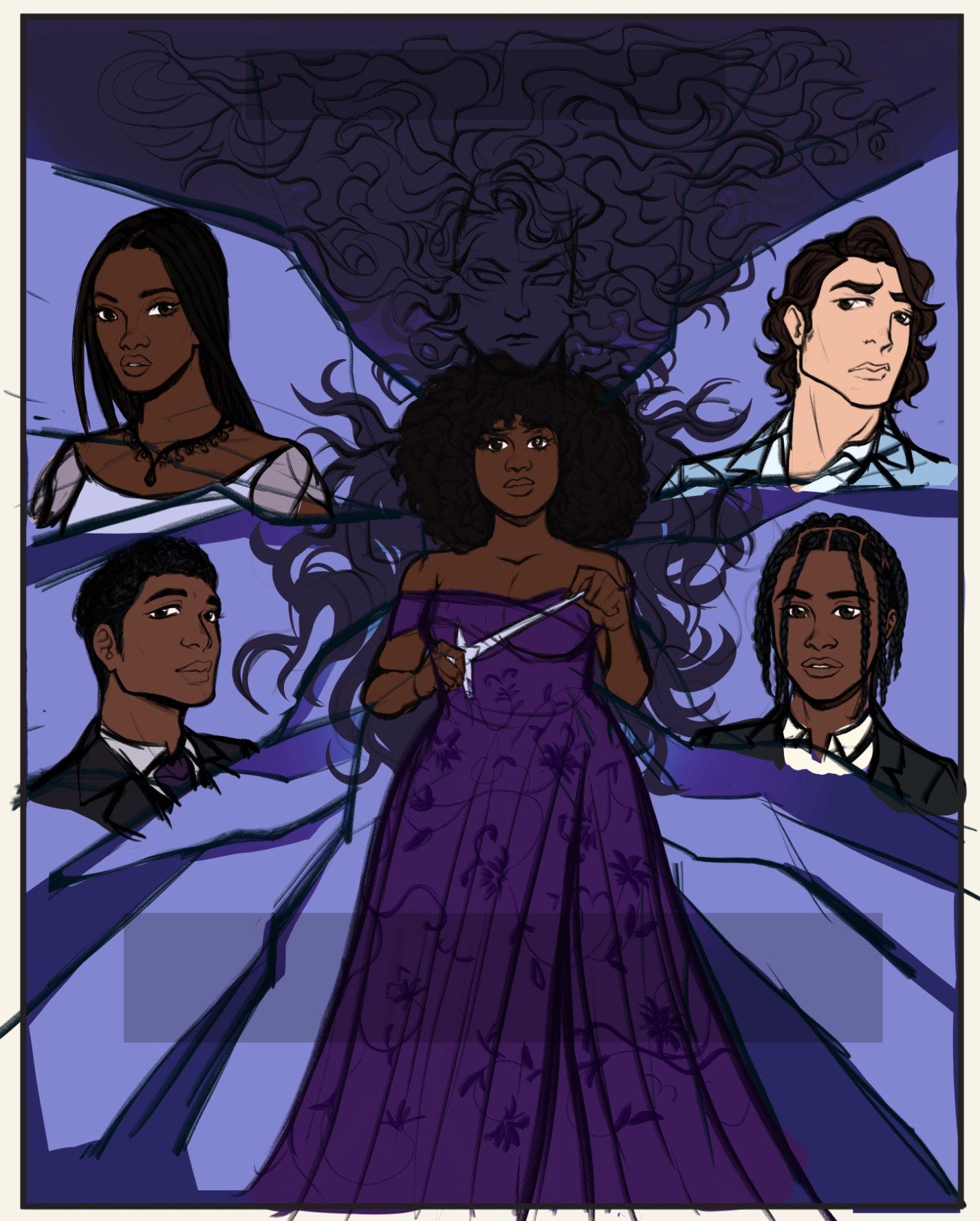Early version of the cover concept with the beginnings of color and the mirror design being pronounced. The art and the drawings are in their initial flat state, and the colors are placeholders.