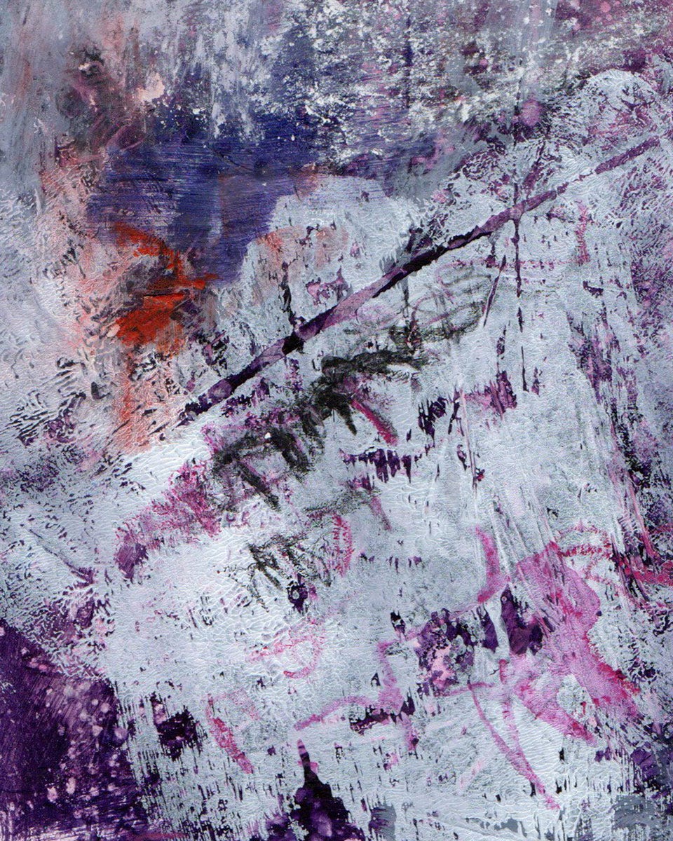 Abstract acrylic painting in greys, purples and pinks with layered textures and a diagonal dark line