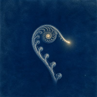 A small half-unfurled cyanotype fern spiral with a point of warm light.