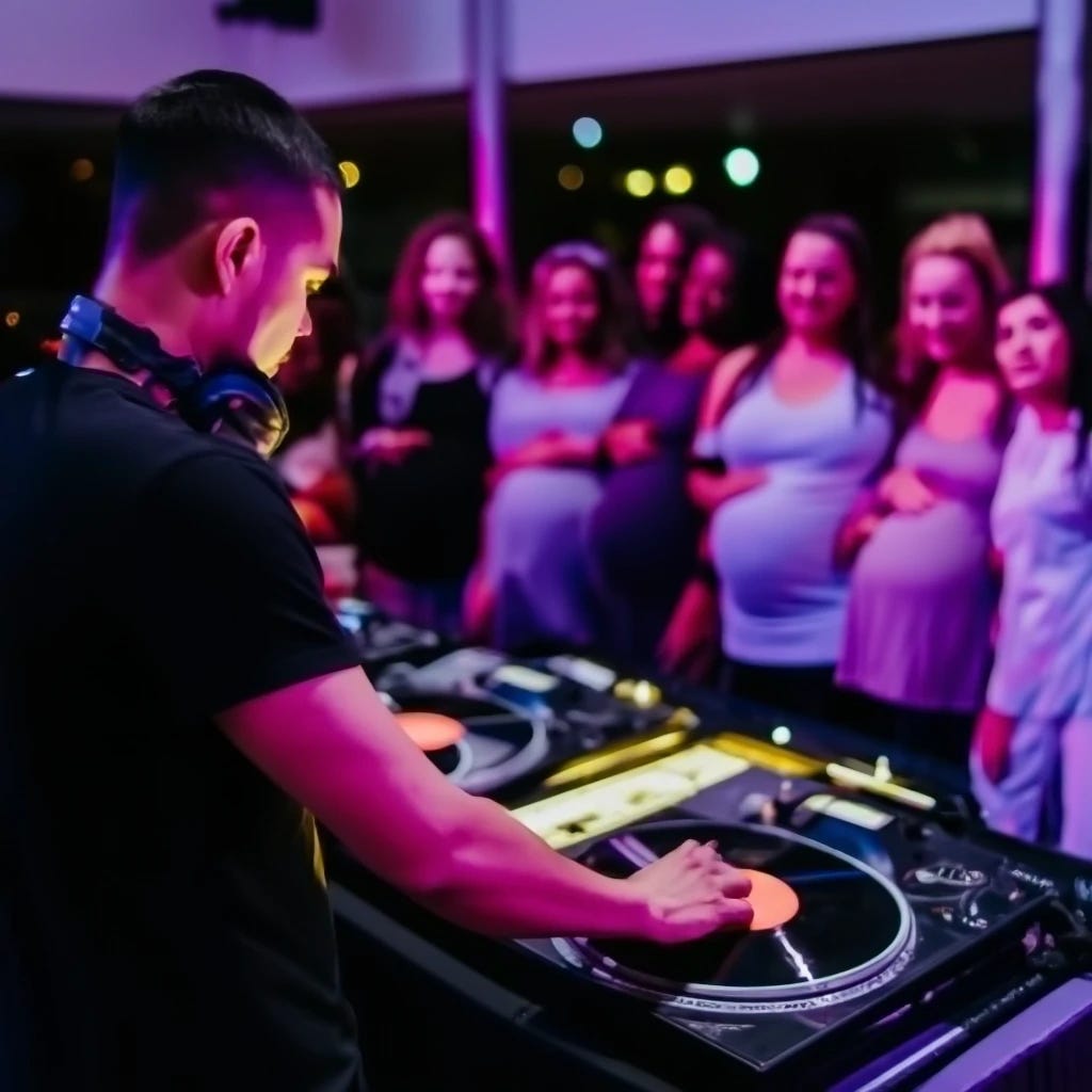 DJ spinning turntables for multiple pregnant women
