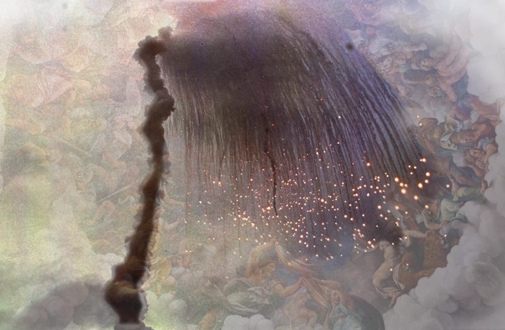 Picture of the exploding Ariane 5: a column of smoke with descending stars. In the background, vaguely visible are the gods of Olympus. Picture of the exploding Ariane 5: a column of smoke with descending stars. In the background, vaguely visible are the gods of Olympus.