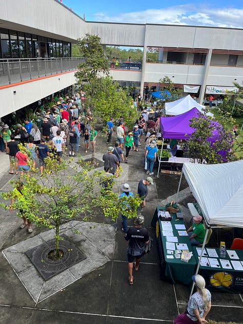 Line of people at the entrance to the plant sale, crowds of people in a courtyard, a woman with a jar of fermenting cacao beans