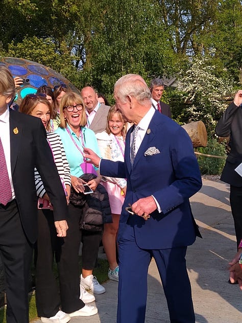 Makeup artists Donna May with David Beckham and King Charles at The Chelsea Flower Show