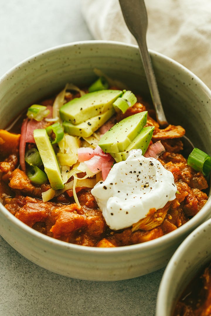 Fall chicken chili in bowls.