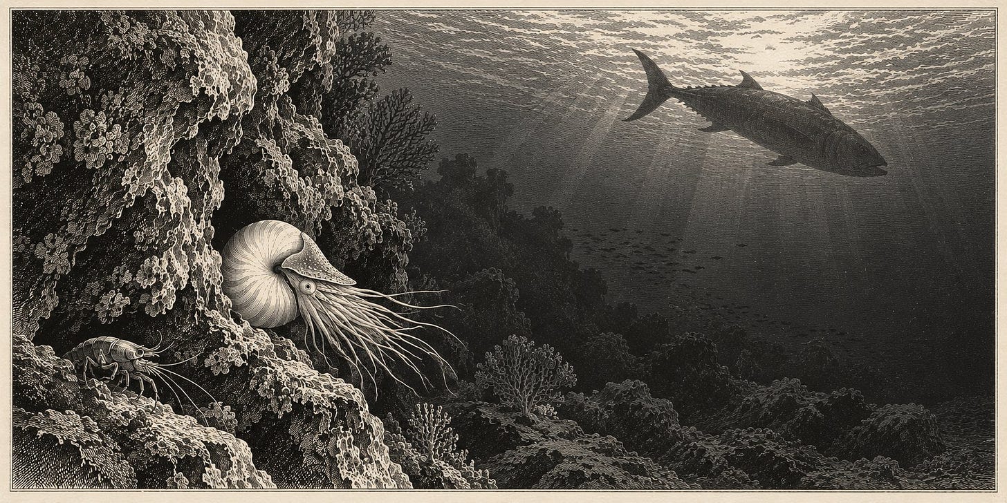 The young nautilus leaves its shelter for the open sea.