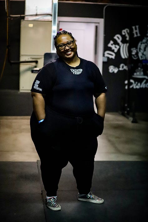 Collage of pics of Kanoelani Patterson at her 1st powerlifting meet. She has Brown Skin & Purple Braids & is wearing glasses. She is wearing a black shirt & Black singlet. Her nails are orange. She is showing squatting & deadlifting. The plates are red.