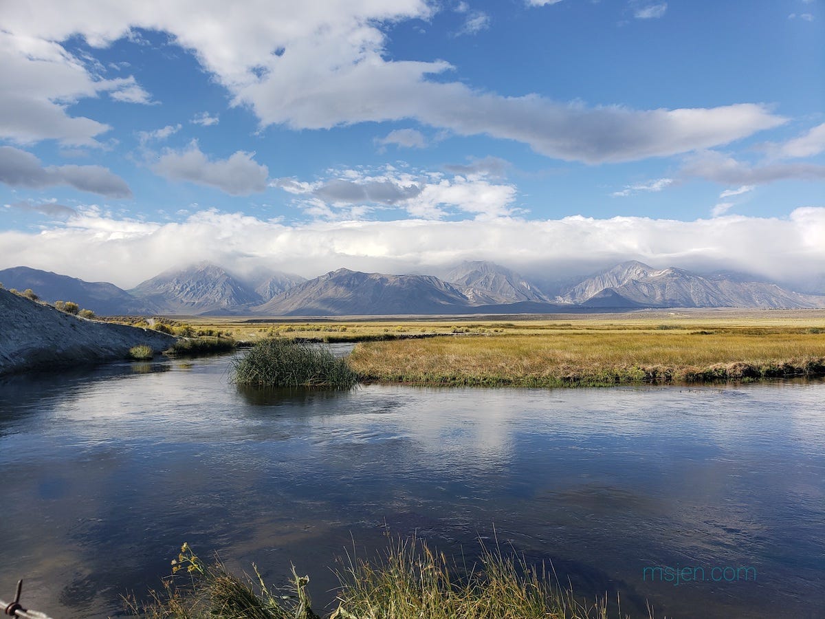 Photo of a bend of the Owens River in the foreground, grassland of the Long Valley Caldera in the middle, and the Eastern Sierra Nevada Mountains with storm clouds obscuring the peaks in the background. Photo by Jenifer Hanen.