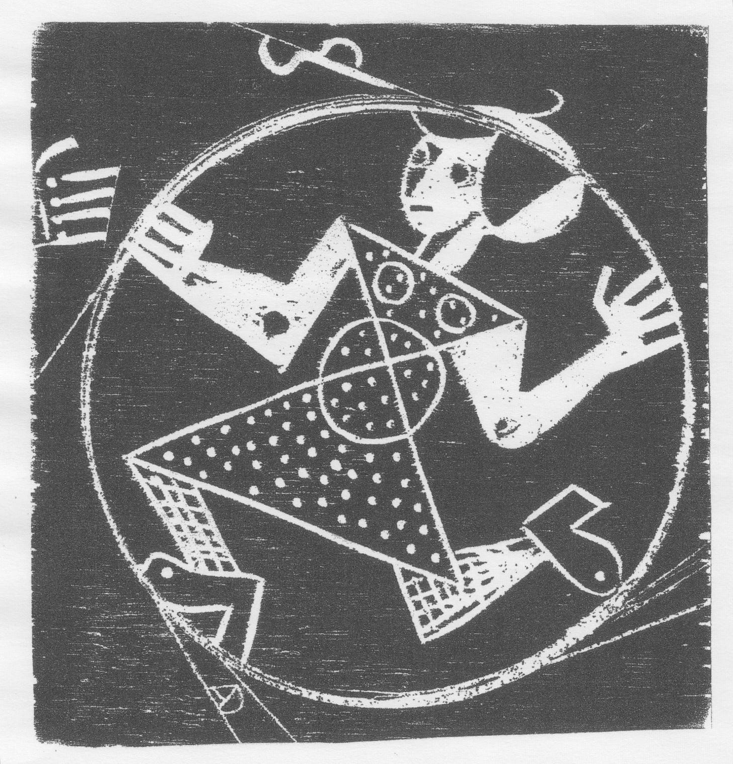 Woodcut of girl in circle by Alan Dixon