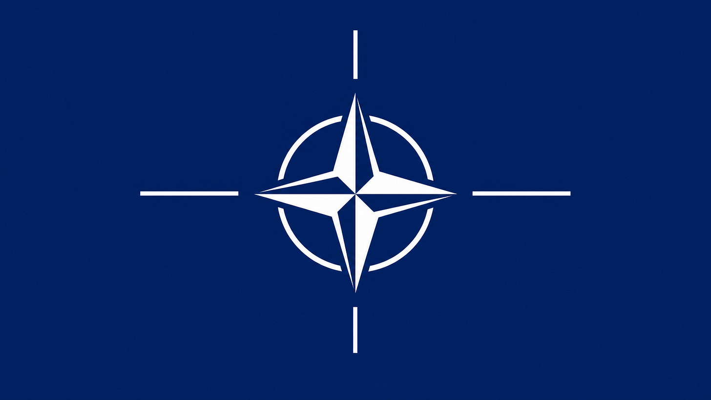 Simple flat illustration of the NATO compass rose emblem on a dark blue background.