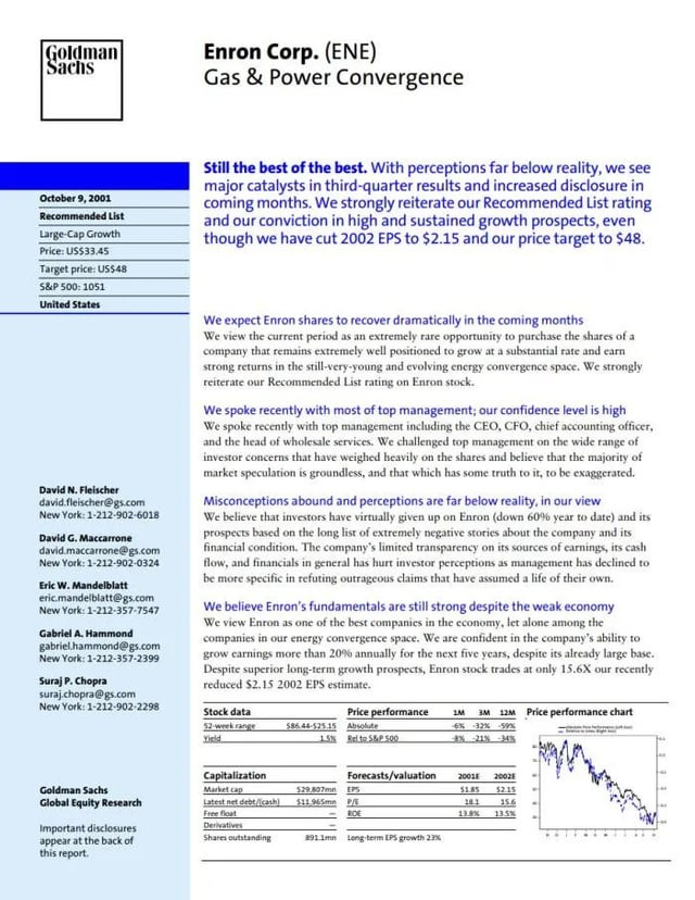 Goldman's Report on Enron. A Healthy Reminder the "Smart Money" is not  always Smart. : r/StockMarket