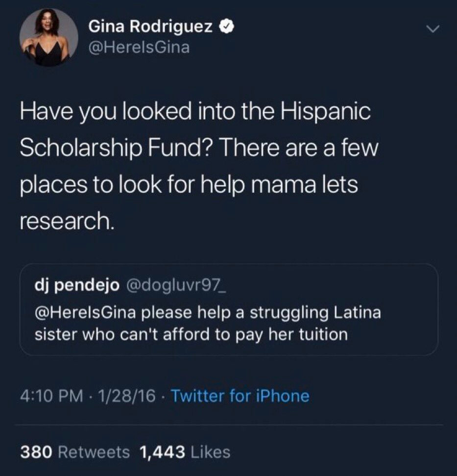Rubén on Twitter: "What is a Latina girlboss if not Gina Rodriguez tweeting  a poor student “mama let's research” when they asked for tuition aid,  persevering. https://t.co/MrzwjnRPET" / Twitter