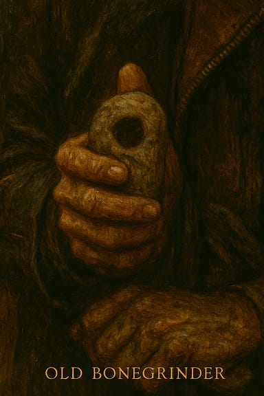 Greegan holds Morgantha's hagstone in his hand—a dark, pulsing stone slick with arcane residue and something unspeakable. His fingers are stained, his grip firm but wary. The stone glows faintly with cursed energy, veins of crimson light threading through its surface like trapped lightning. Greegan's expression is a mix of triumph and grim humor, his rogue's leathers dusted with ash and blood. The background is dim, the ruined windmill barely visible behind him. The atmosphere is tense, magical, and steeped in gothic victory—capturing the moment the thief claims the prize.