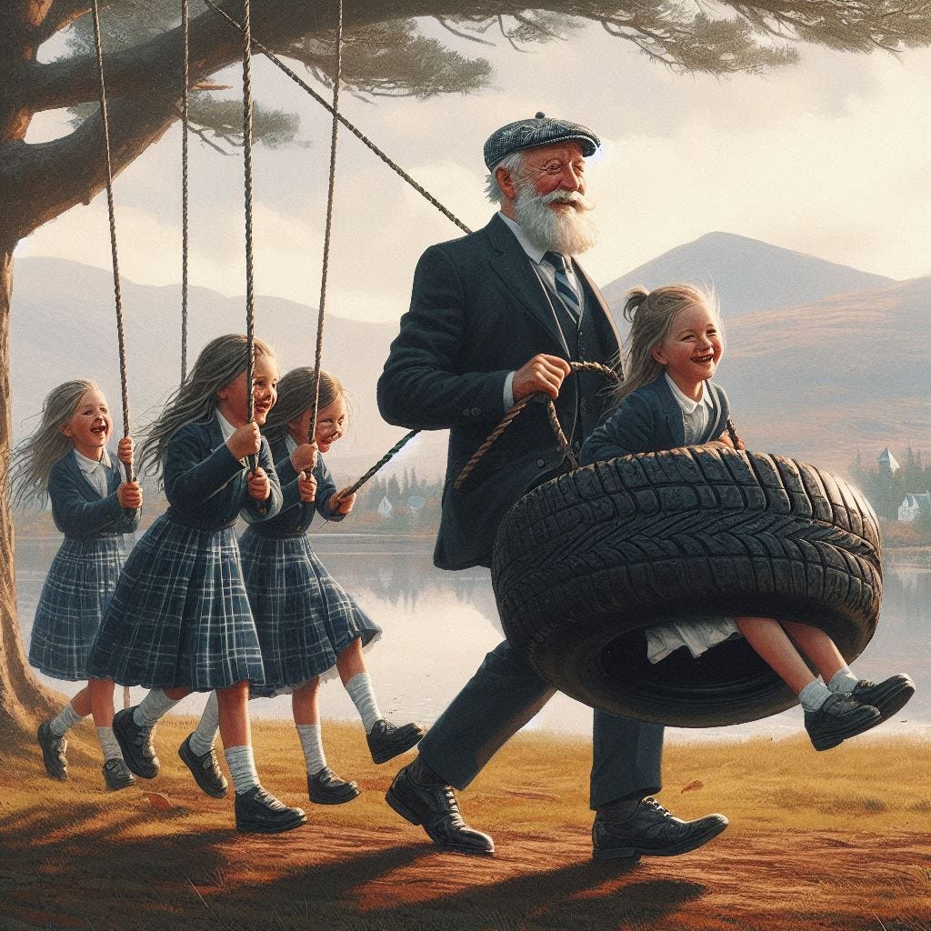 a 66-year-old Scottish-American man pushing four first and second grade girls on a tire swing