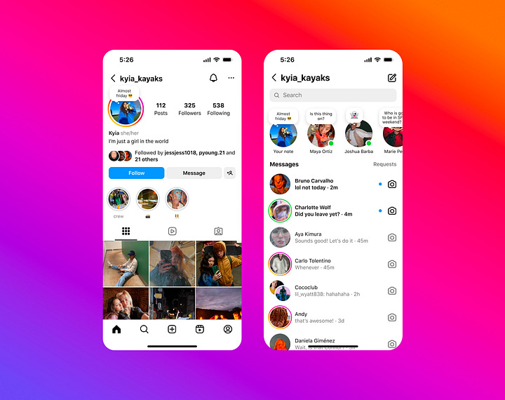 Screenshots of mobile screens revealing Instagram's new features: Notes on Profile and Notes Prompts