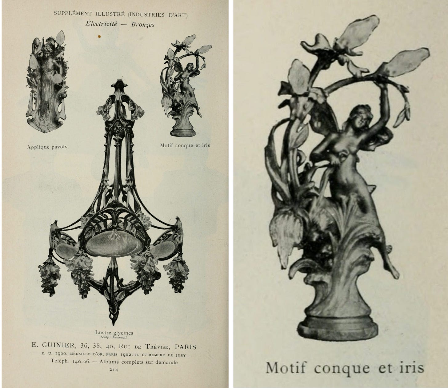 A sample of artistic lamp designs by Guinier, 1903 (Société des artistes français, *Catalogue illustré de peinture et sculpture. Salon de 1903. Supplément illustré (industries d'art)*, Ludovic Baschet éd., Paris, 1903, p. 214. A sample of artistic lamp designs by Guinier, 1903 (Société des artistes français, *Catalogue illustré de peinture et sculpture. Salon de 1903. Supplément illustré (industries d'art)*, Ludovic Baschet éd., Paris, 1903, p. 214.