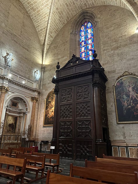 left: the preserved left arm of Saint Vincent the Martyr (San Vicente Mártir); middle & right: interior of Valencia Cathedral