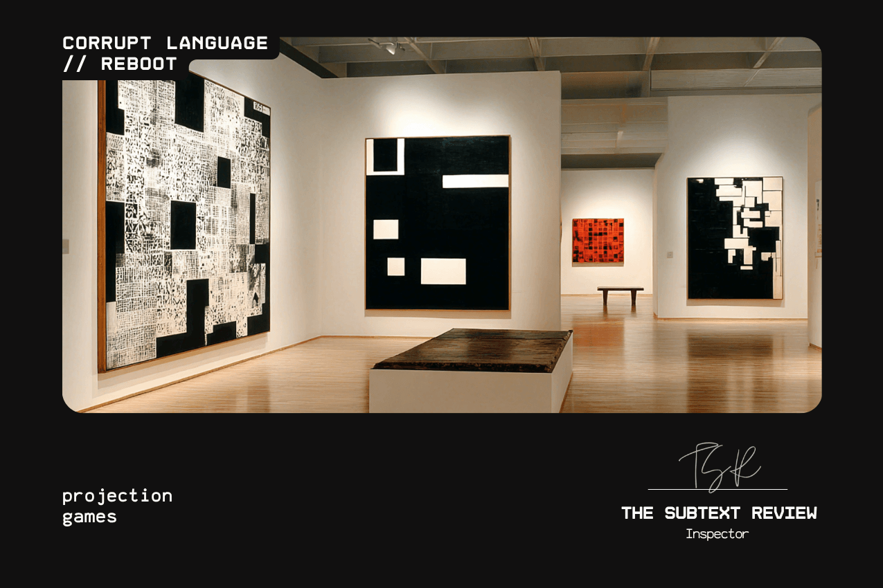 A wide shot of a minimalist gallery space featuring large-scale, black-and-white abstract geometric paintings. The room is brightly lit with a wooden floor and a central bench. Below, the text reads "projection games." Part of the Corrupt Language // Reboot series at The Subtext Review.