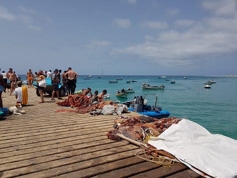 A wooden pier stretching into bright turquoise water, with small waves rolling toward the shore under a clear sky.