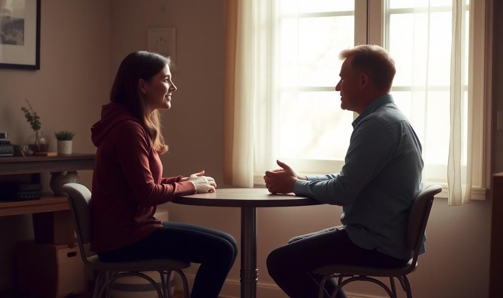 A warm, emotionally resonant image symbolizing human connection and understanding. Two people are sitting across from each other at a small table, engaged in a deep, calm conversation. Soft natural light streams in through a nearby window, suggesting trust, safety, and openness. The mood is hopeful, introspective, and uplifting, representing the idea of reconnecting and healing relationships through empathy and communication.