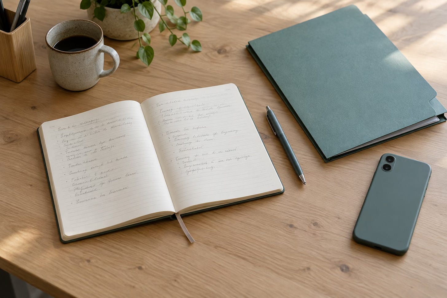 Open notebook, folder and pen on a clear desk, with a phone lying face down.