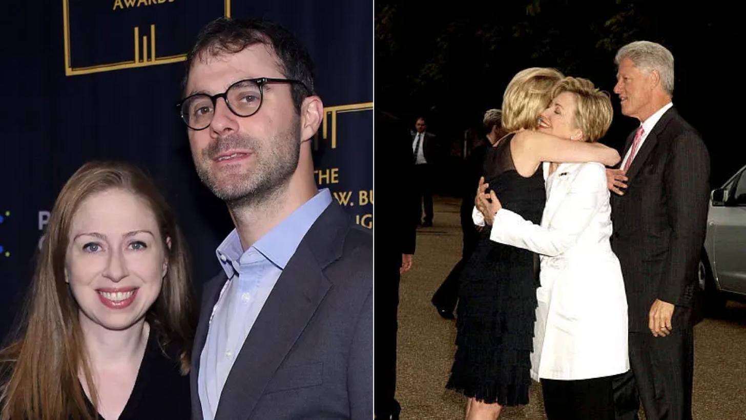 Left: Chelsea Clinton with Marc Mezvinsky. Right: Lynn Forester de Rothschild hugging Hillary Clinton as Bill Clinton watches from the side — intimacy and placement captured in a single frame.