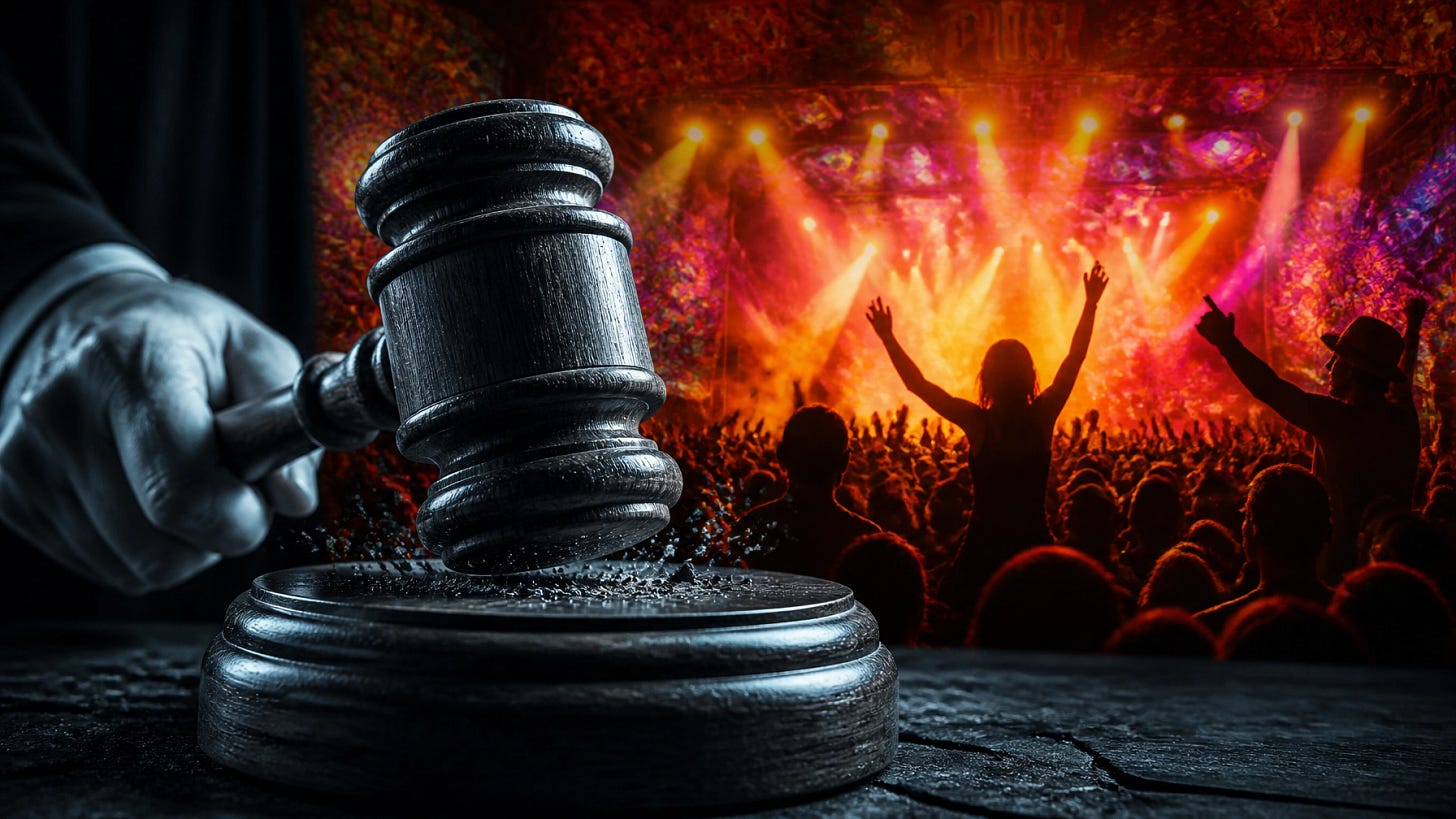 A high-contrast, cinematic image of a vibrant outdoor concert crowd with colorful stage lights and silhouettes of people dancing (Phish style), overlaid with a heavy, wooden judge's gavel hitting a sound block in the foreground. A high-contrast, cinematic image of a vibrant outdoor concert crowd with colorful stage lights and silhouettes of people dancing (Phish style), overlaid with a heavy, wooden judge's gavel hitting a sound block in the foreground.