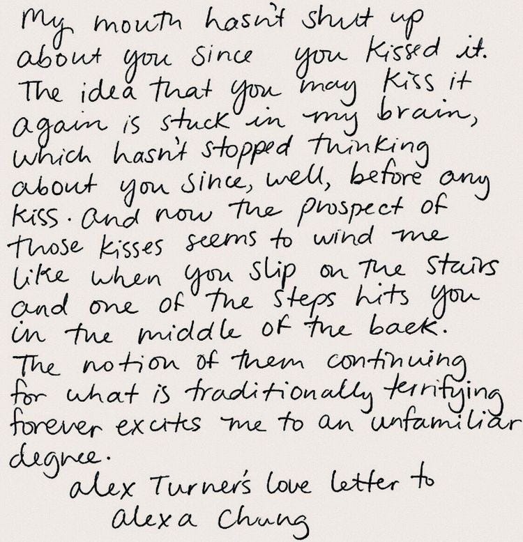 Alex Turner's Love Letter to Alexa Chung [POEM] : r/Poetry