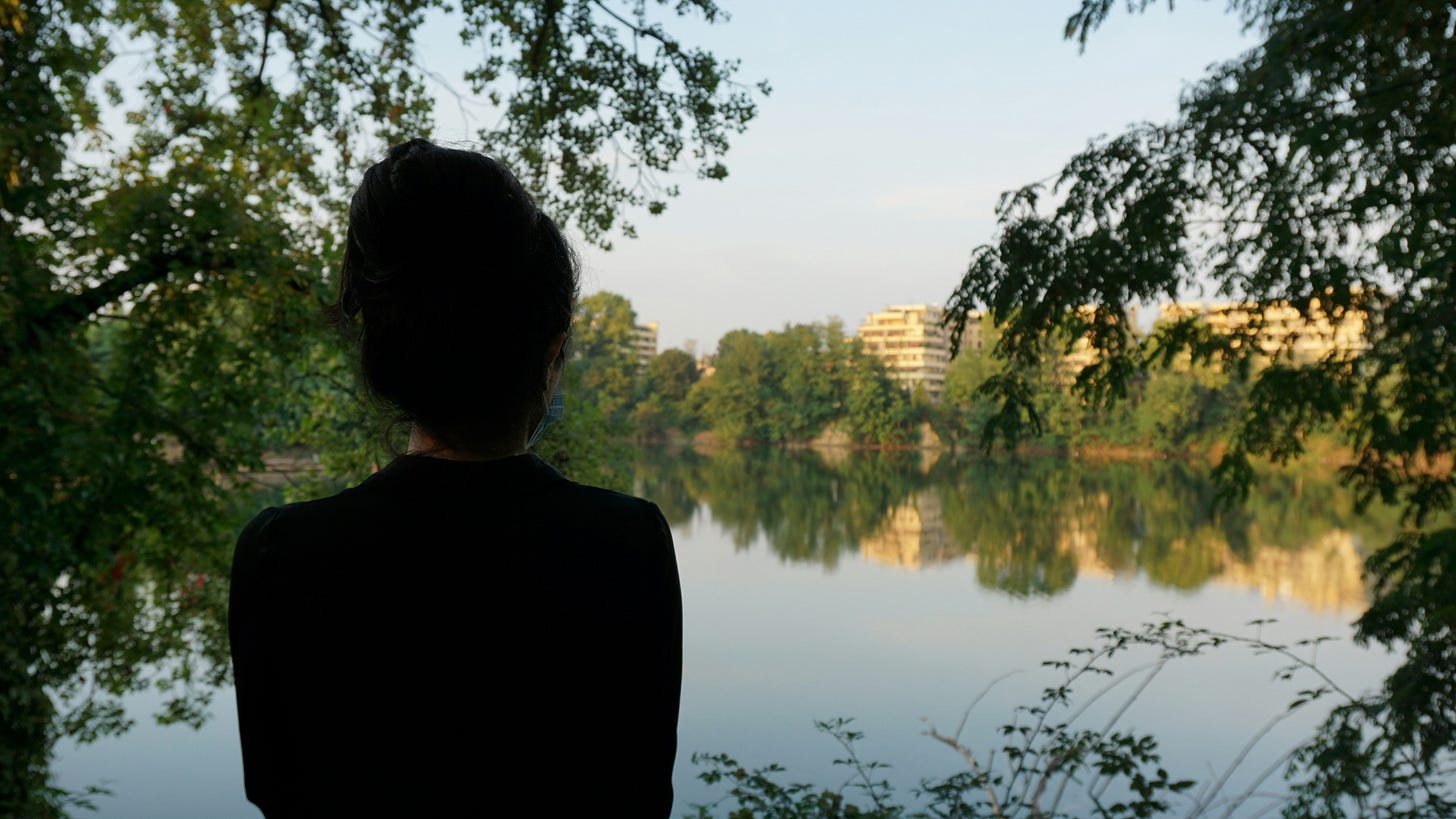 woman looking reflectively through the trees at a lake woman looking reflectively through the trees at a lake