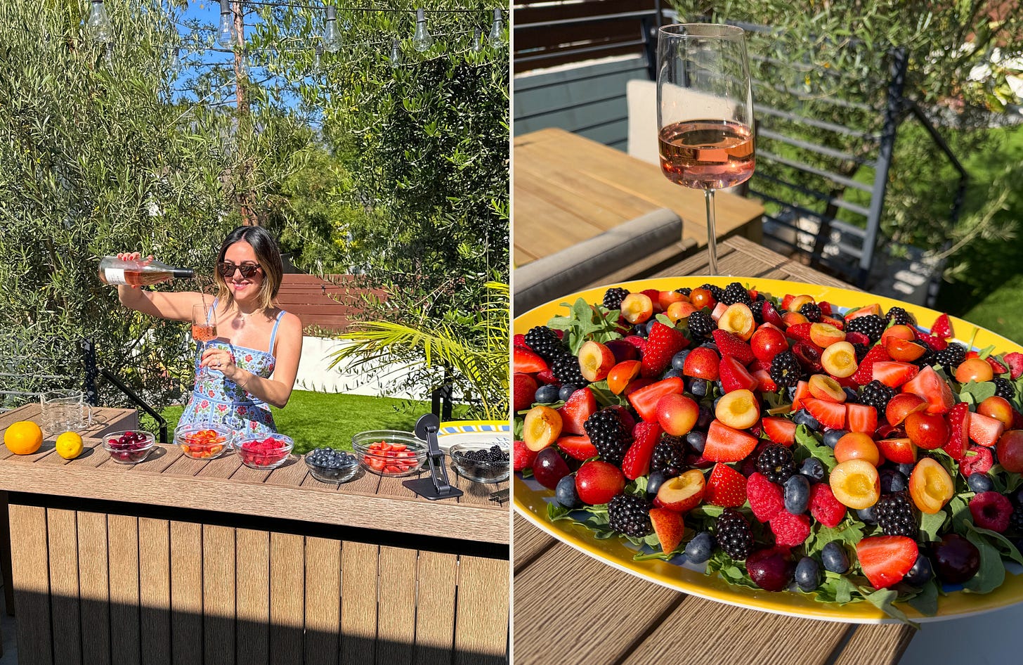 Cherry Berry & Burrata Salad being made al fresco.