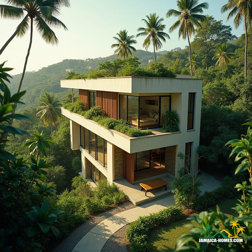 Modern tube house in a lush Jamaican neighborhood, surrounded by vibrant tropical plants and trees, with a small pathway leading to the entrance, set against a warm, sunny backdrop with a glimpse of the urban landscape in the distance. The narrow, elongated multi-story structure boasts clean, minimalist lines, with a façade that seamlessly blends natural stone and wood accents, evoking a sense of harmony with the environment. A spacious open courtyard and expansive glass windows allow natural light to flood the interior, while a rooftop terrace overflows with lush greenery, creating a tranquil oasis.