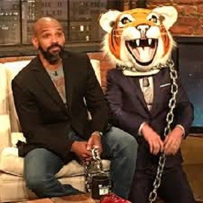 talking dead chris harwick with negan in tiger head talking dead chris harwick with negan in tiger head