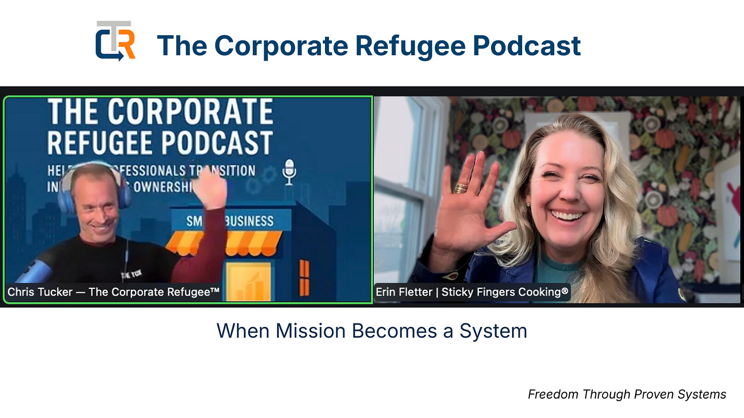 A split-screen podcast screenshot featuring host Chris Tucker and guest Erin Fletter of Sticky Fingers Cooking waving to the camera, with the title "When Mission Becomes a System. A split-screen podcast screenshot featuring host Chris Tucker and guest Erin Fletter of Sticky Fingers Cooking waving to the camera, with the title "When Mission Becomes a System.