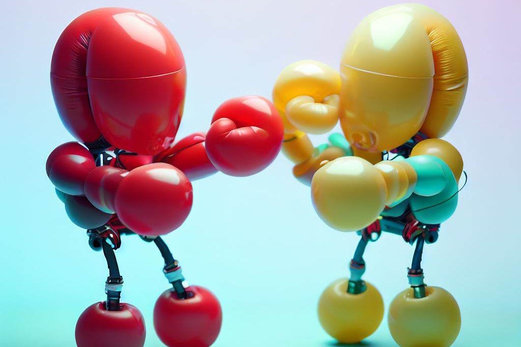 An AI-generated image of two balloon robots in a boxing match. An AI-generated image of two balloon robots in a boxing match.