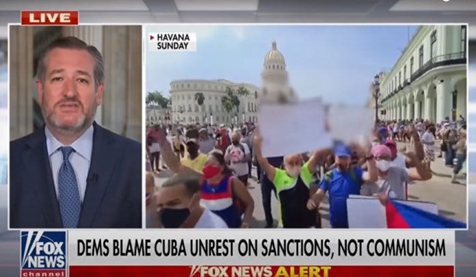 Fox News broadcast censors posters of pro-government demonstrators in Cuba. Screenshot. Fox News broadcast censors posters of pro-government demonstrators in Cuba. Screenshot.