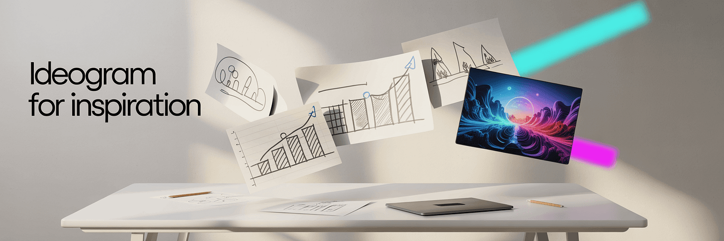 Workspace desk with floating sketches, charts, and a vibrant AI-generated image showing Ideogram's creative capabilities