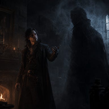 Greegan standing in dim firelight within a shadowy Barovian room, his wiry rogue silhouette half-lit by the flickering hearth. Across from him looms a tall, indistinct figure shrouded in mist and darkness, its transformation implied only by vague, shifting contours. Mood tense, atmospheric, gothic, no explicit monstrous details.