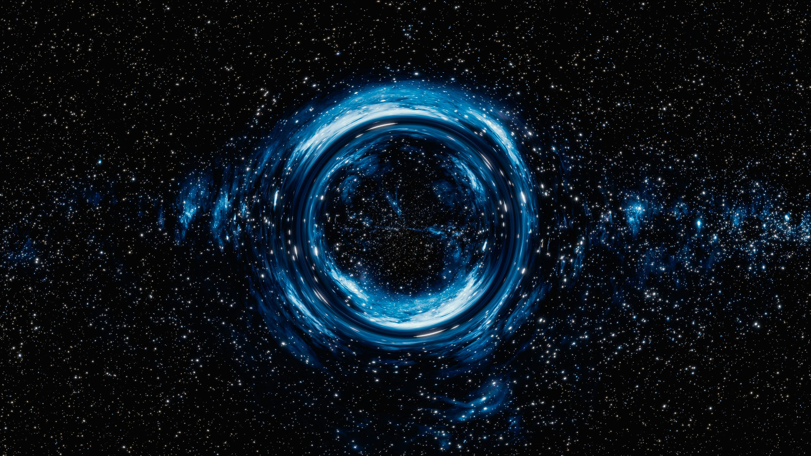Supermassive black hole. 3D render. in blue and white on black- Unsplash+ In collaboration with Alex Shuper with permission